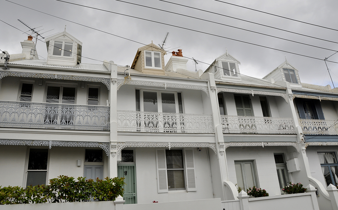 A row of white Victorian style terraced houses located in Watson's Bay, Sydney - Australia.