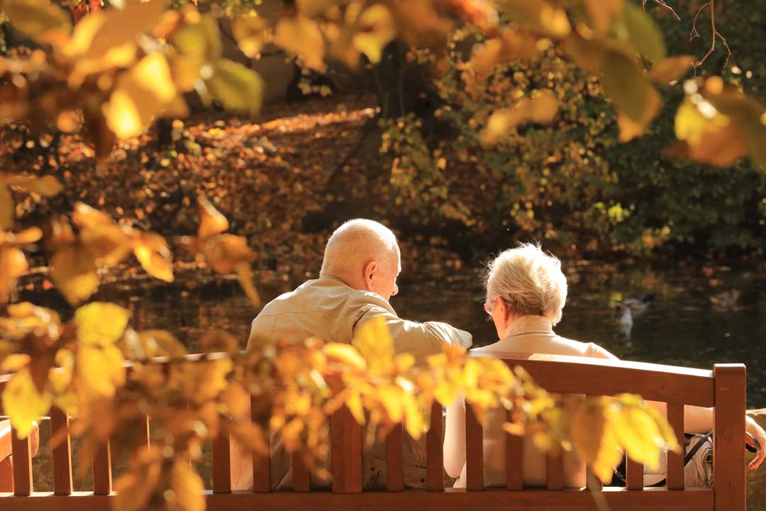 an elderly couple sit on a park bench 